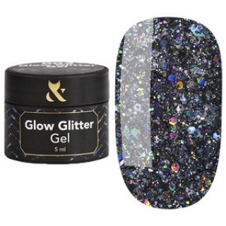 Глітерний гель для нігтів F.O.X Glow Glitter Gel 003 шестикутники з бірюзовими блискітками 5 мл