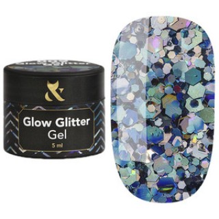 Глітерний гель для нігтів F.O.X Glow Glitter Gel 009 блакитні голографічні блискітки 5 мл
