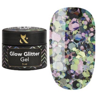 Глітерний гель для нігтів F.O.X Glow Glitter Gel 010 дзеркальні голографічні блискітки 5 мл